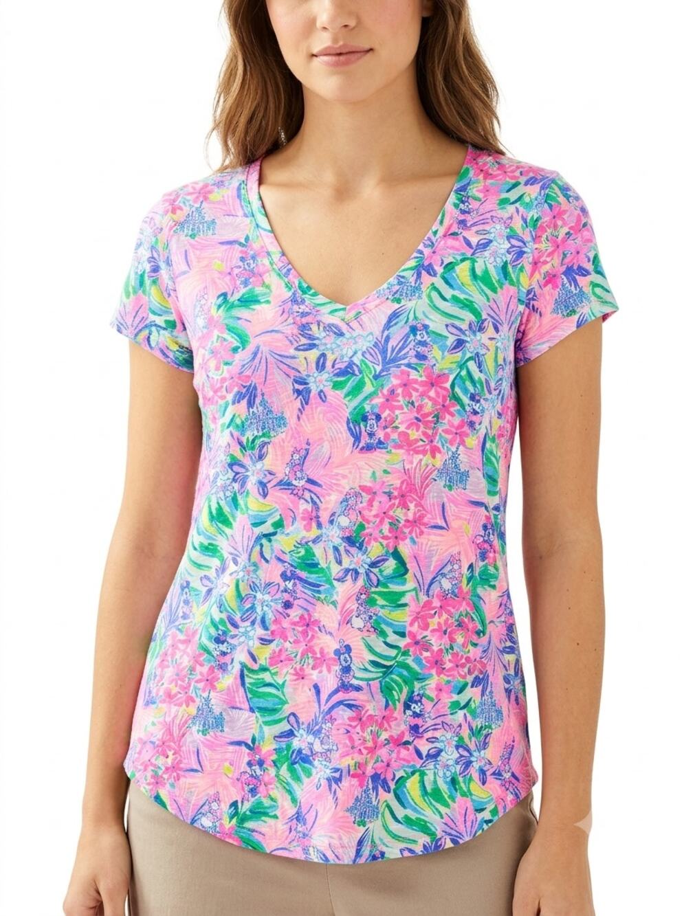 Lilly Pulitzer x Disney Parks T-Shirt Womens XL Pink Castle Floral Etta V-Neck